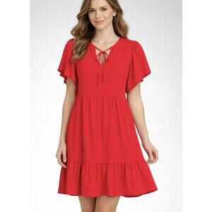 NWT Knox Rose Dress Large Red Textured Tie Neck Flutter Sleeve Tiered Midi Boho